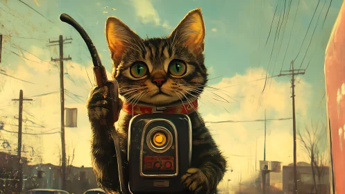 Digital painting of radio-wielding cat in urban streetscape.