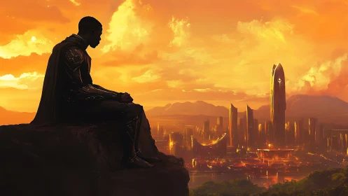 Solitary guardian overlooking a glowing sunset cityscape.