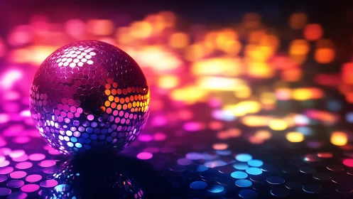 Glittering disco sphere basking in neon bokeh twilight.