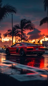 Crimson supercar resting under a glowing tropical sunset.
