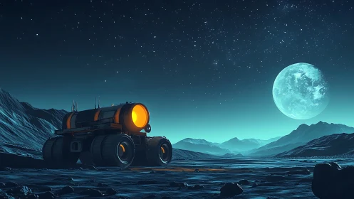 Lunar rover glows beneath a vast moonlit alien sky.