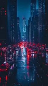 Neon rain turns the midnight avenue into liquid circuitry