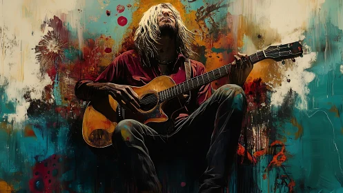Digital painting of acoustic guitarist within abstract chromatic field.
