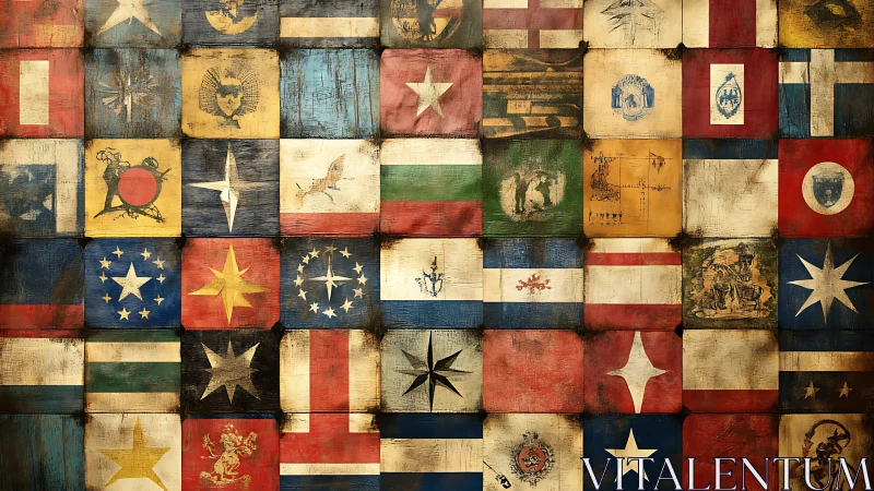 Vintage heraldic flag grid on distressed wooden panels.