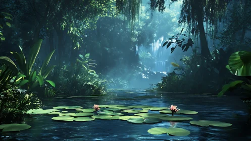 Luminous jungle lagoon with lilies under soft waterfall light.