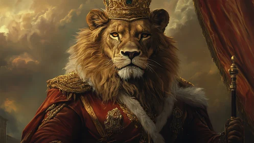 Majestic lion sovereign in baroque royal regalia portrait.