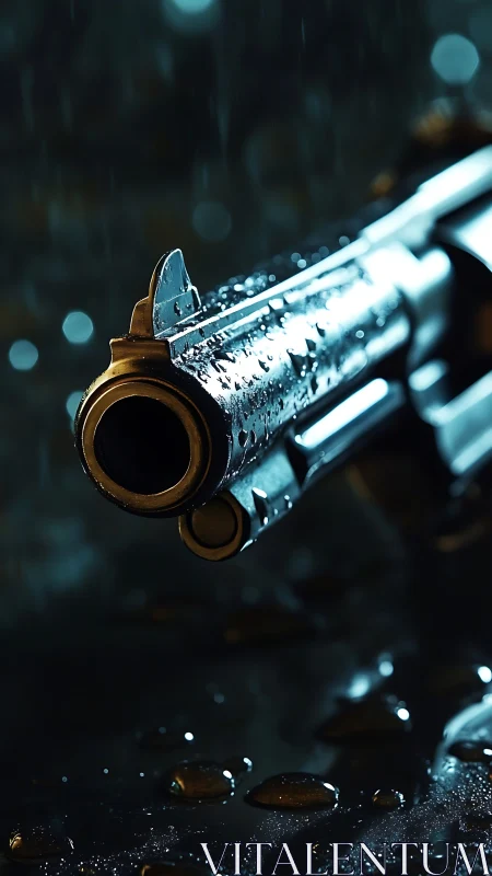 Close-up view of wet handgun barrel in low light conditions.