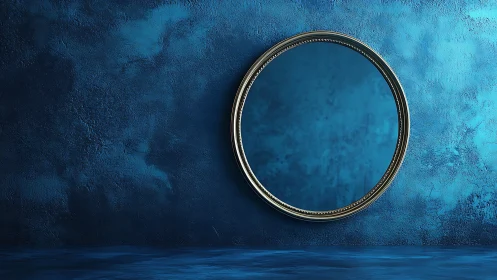 Round mirror rests on deep blue textured wall in calm light