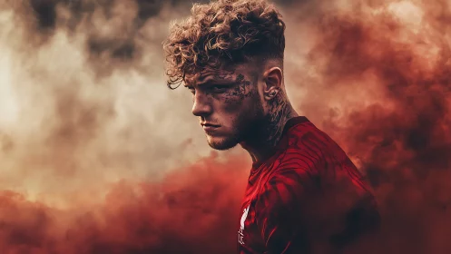 Photorealistic portrait in cinematic red smoke atmosphere.