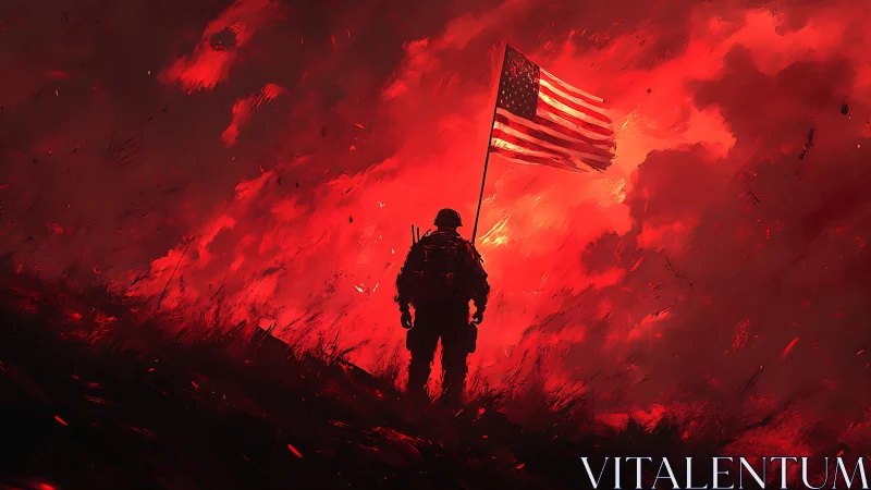 Soldier Holding Flag Through Fiery Inferno.