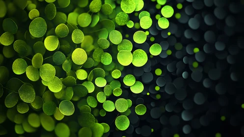 Green circular particles on dark abstract blurred background.