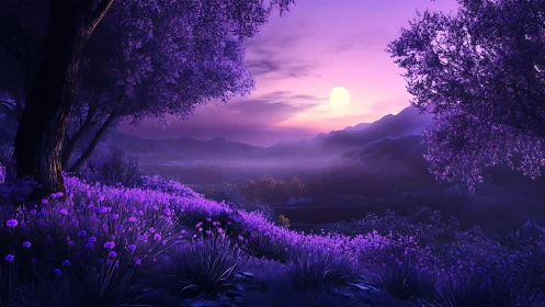 Purple forest valley under full moon and distant mountains