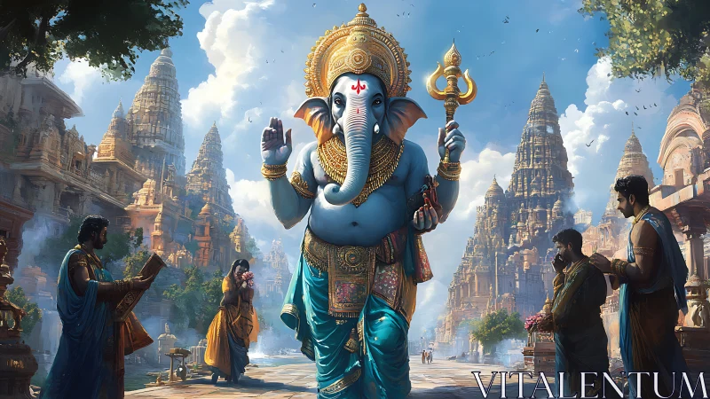 Ganesha deity walking through ornate temple cityscape.