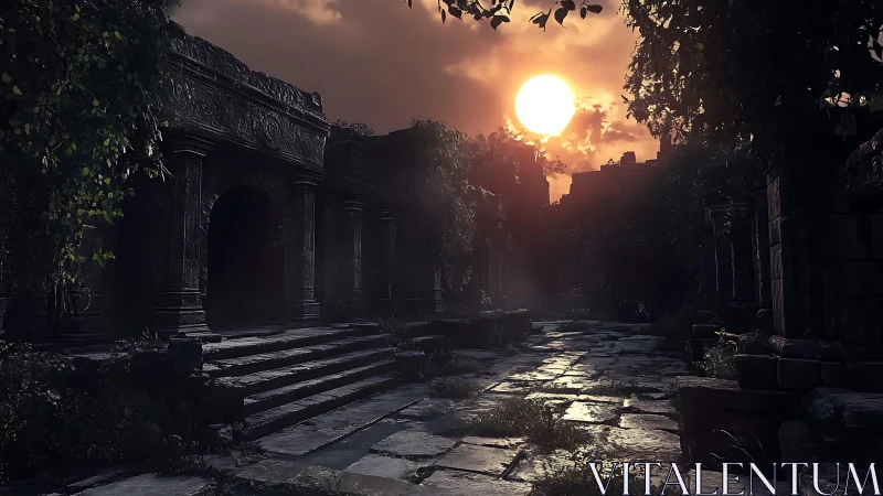 Sunlit stone ruins with overgrown vegetation at sunset
