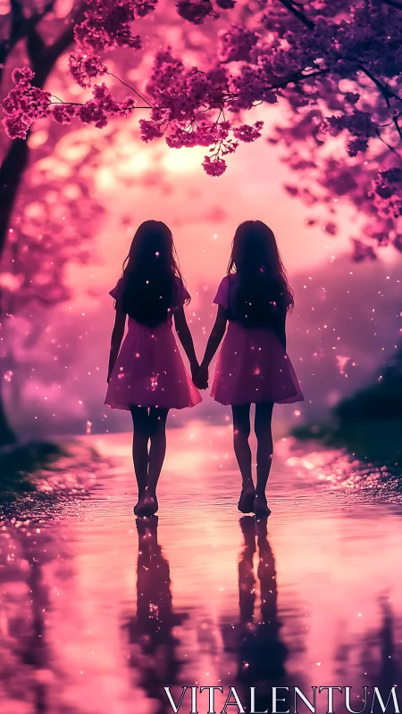 Twin girls in pink dresses under luminous cherry blossoms at dusk