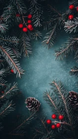 Frosted fir branches frame a rustic winter holiday backdrop