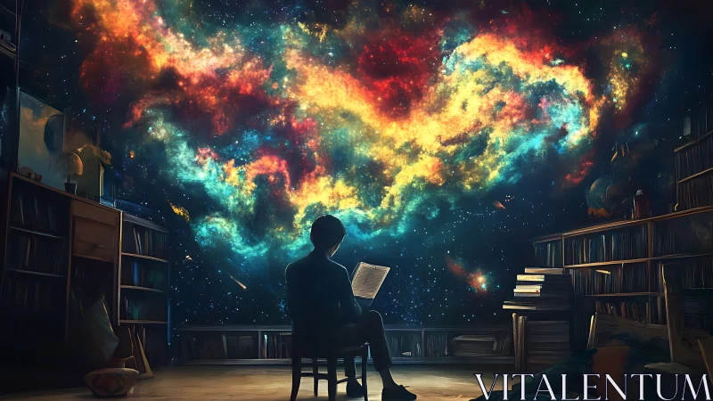 Child reads in library while luminous cosmic nebula forms overhead