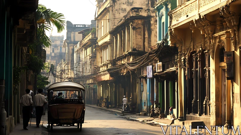 Morning rickshaw glides through sunlit colonial canyon street