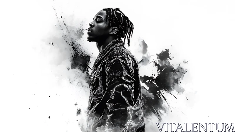 Monochrome side-profile portrait merges with ink splashes