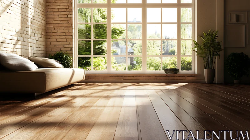 Morning sunlight pours into a calm, plant-filled living room