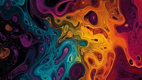 Multicolored fluid abstraction with layered swirling forms.