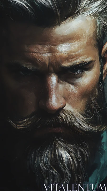 Close facial portrait shows detailed beard and intense gaze