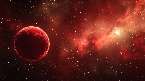 Crimson exoplanet drifts beside radiant red nebula field.