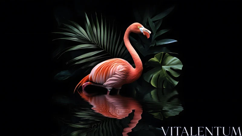 Graceful flamingo stands in dark tropical lagoon stillness