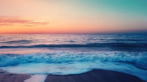 Ocean waves roll onto shore under gradient sunset sky