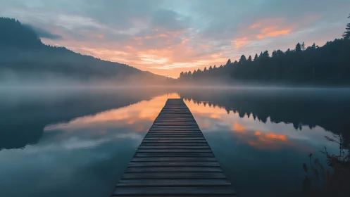 Symmetrical lakeside pier leads into misty dawn horizon