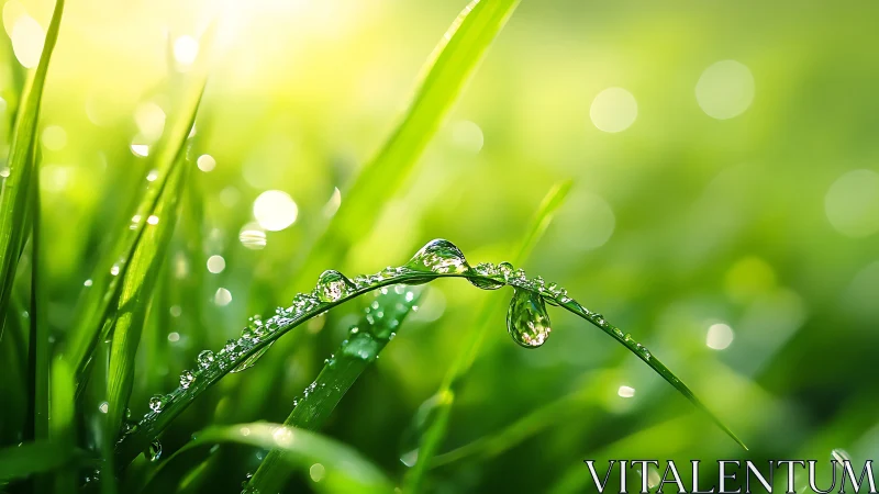 Morning dew pearls on vivid green grass blades.