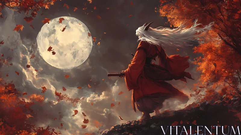 Horned samurai silhouette studies moonlit autumn forest sky