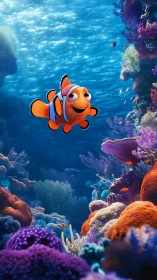 Playful clownfish gliding through a sunlit coral garden.