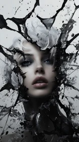 Shattered glass reveals a hauntingly serene silver haired face