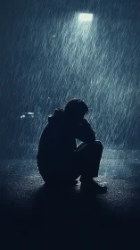 Silhouetted person crouching alone in heavy rain at night.