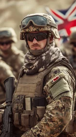 Desert-clad soldier stands firm before blurred battle flag.
