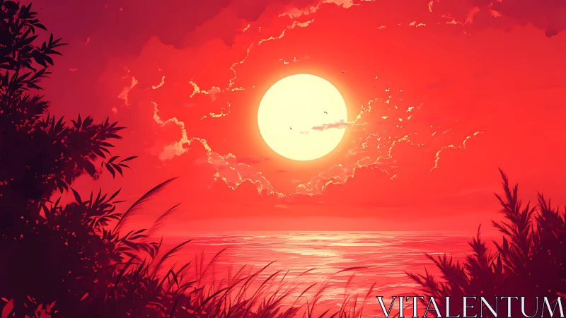 High-saturation digital seascape captures stylized solar horizon