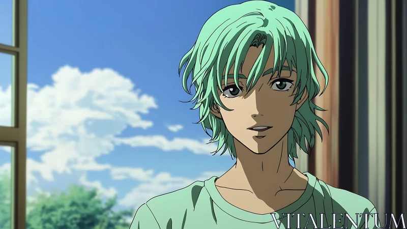 Green-haired anime teen stands by sunny open window.