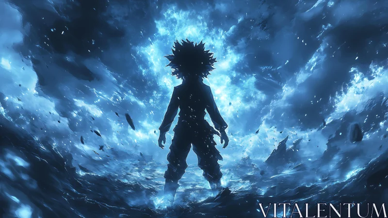 Silhouetted figure in blue storm-like energy environment.