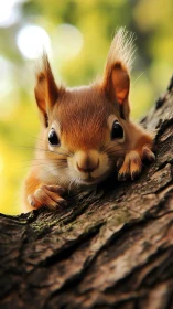 Curious red squirrel grips tree bark in soft bokeh light.