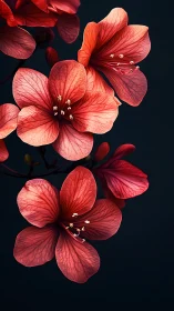 Coral-Red Geranium Blooms Against Dark Backdrop.