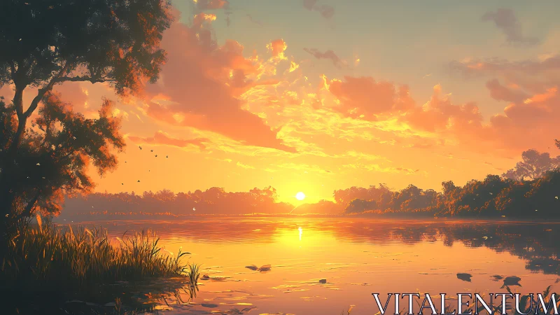 Sunset brushes liquid gold across a still riverside world