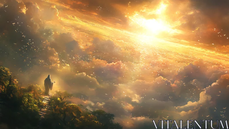 Cloaked figure ascends glowing cloud path toward radiant horizon