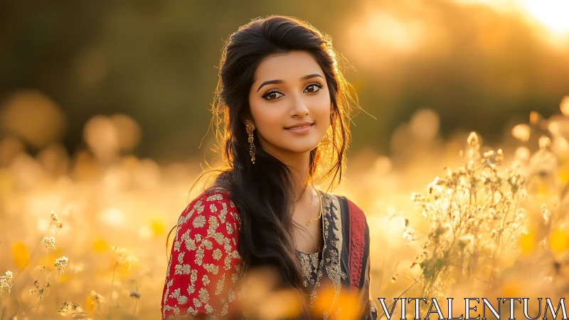 Elegant woman in traditional attire in golden field at sunset.