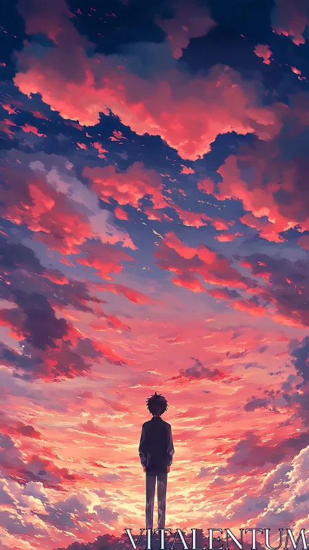 Sky-gazing dreamer under a wildfire cotton candy sunset.