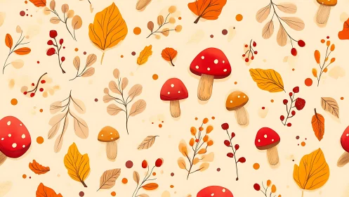 Whimsical autumn mushrooms dancing among falling forest leaves.