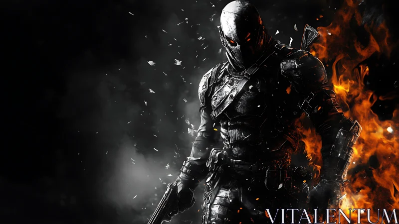 Armored cyber soldier strides through firestorm and shadow.