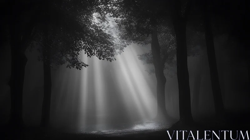 Moonlit forest breathes silver stairways through the fog