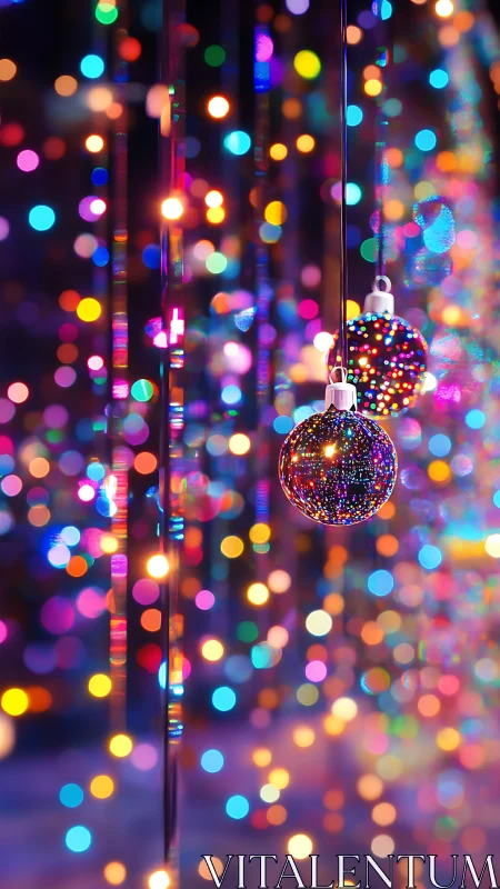 Glittering glass baubles suspended amid multicolor bokeh light