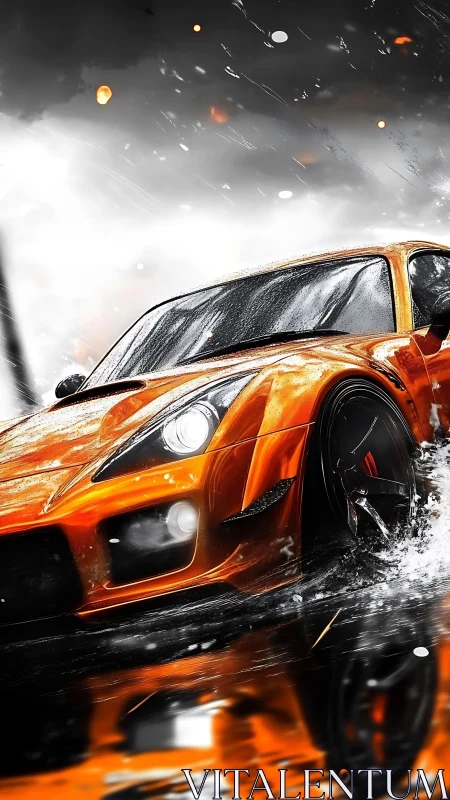 Orange sports car powers through wet street storm.